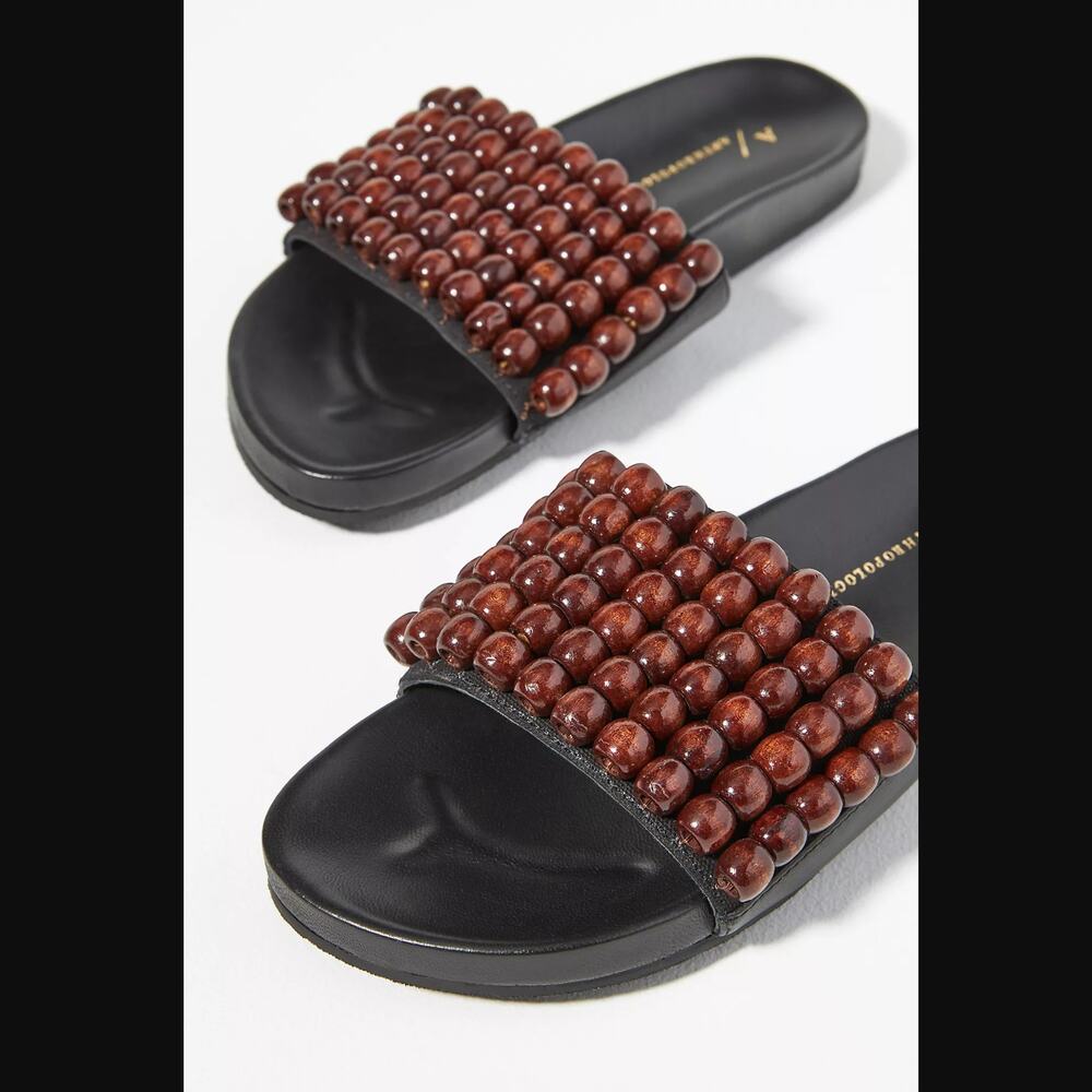 NWT Anthropologie Beaded Brown Slide Sandals - Size 8 - Picture 4 of 6